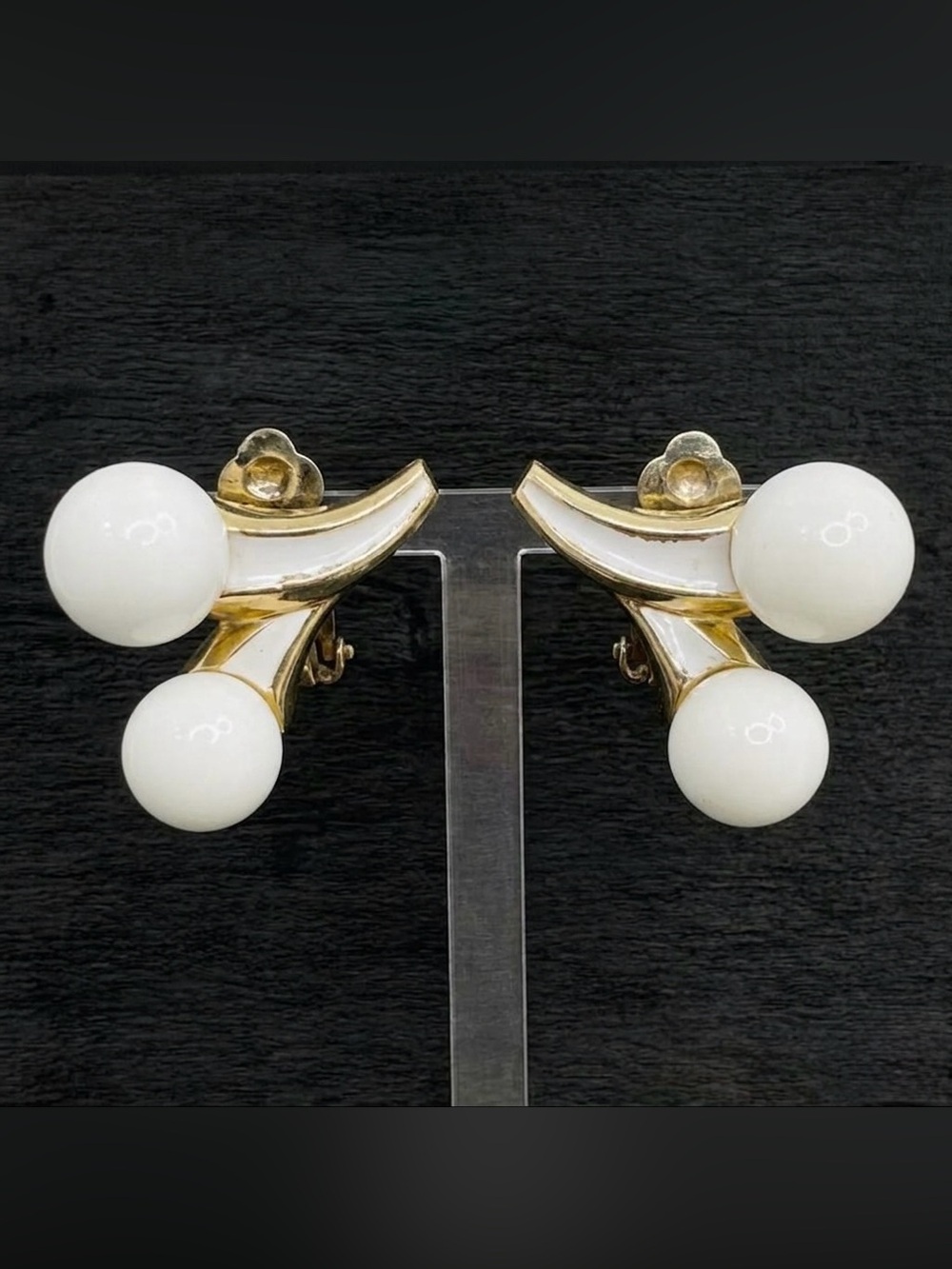 Vintage 60s Crown Trifari White Lucite Enamel MCM Winged Scoop Clip On Earrings